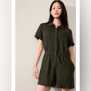 Athleta Linen Romper Women SP Aspen Olive Green Collared Short Sleeve Button Up